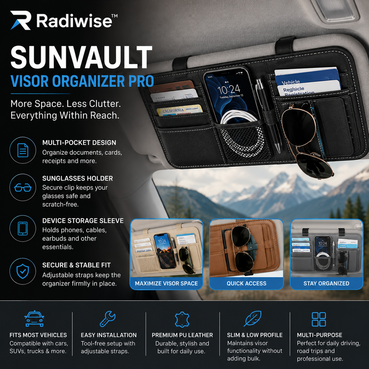 Radiwise™ SunVault Visor Organizer Pro